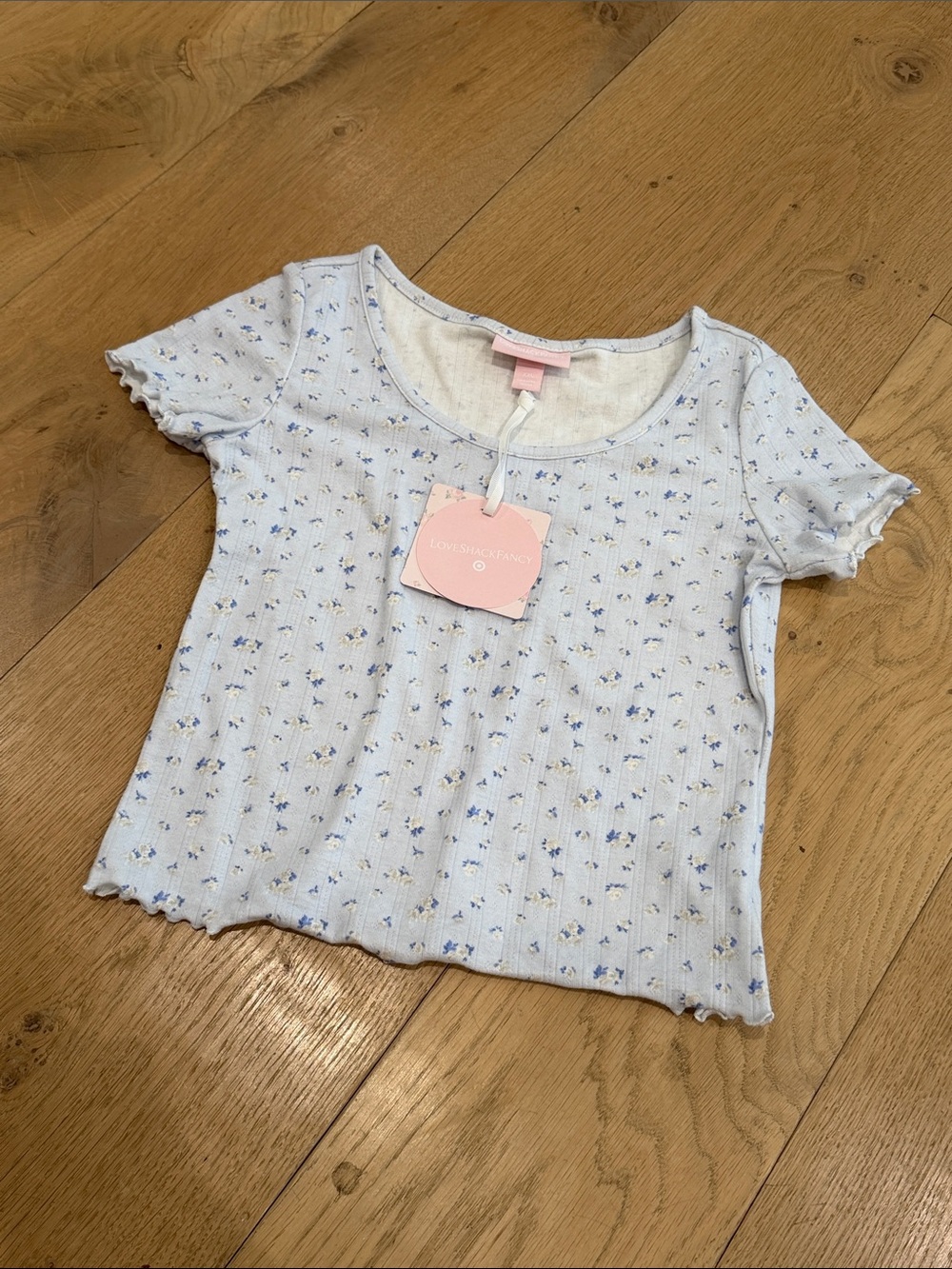 Love shack fancy x target baby tee Light Blue Floral Ribbed Short Sleeve Tee